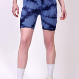 High-Waisted Tie-Dye Seamless Active Wear Shorts - Navy Blue