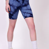 High-Waisted Tie-Dye Seamless Active Wear Shorts - Navy Blue